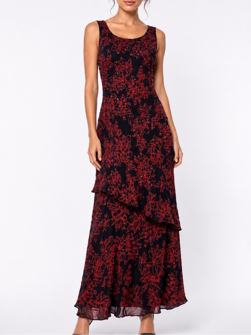 Deadstock NWT Y2K dress rayon sequin/Beaded embellished tiered ruffle midi dress
